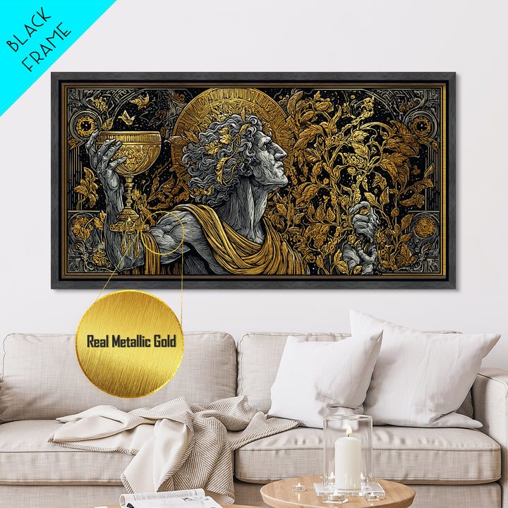 Metallic Gold Art, Dionysus God of Ecstasy, Greek Mythology Wall Scene, Bacchanalia Festival Theme, Black and Gold Metal Wall Print