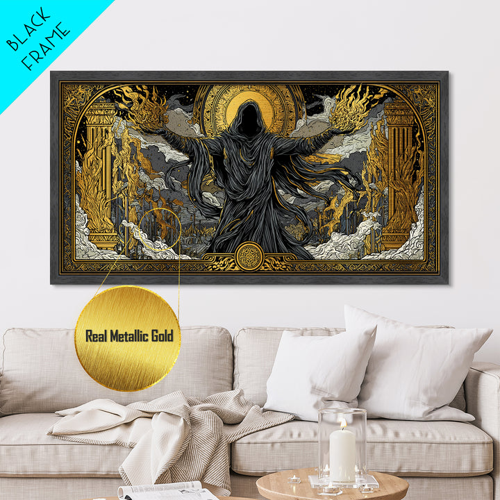 Metallic Gold Art, Erebus God of Darkness, Greek Primordial Deity Wall Scene, Ancient Myth Shadow Theme, Black and Gold Metal Artwork