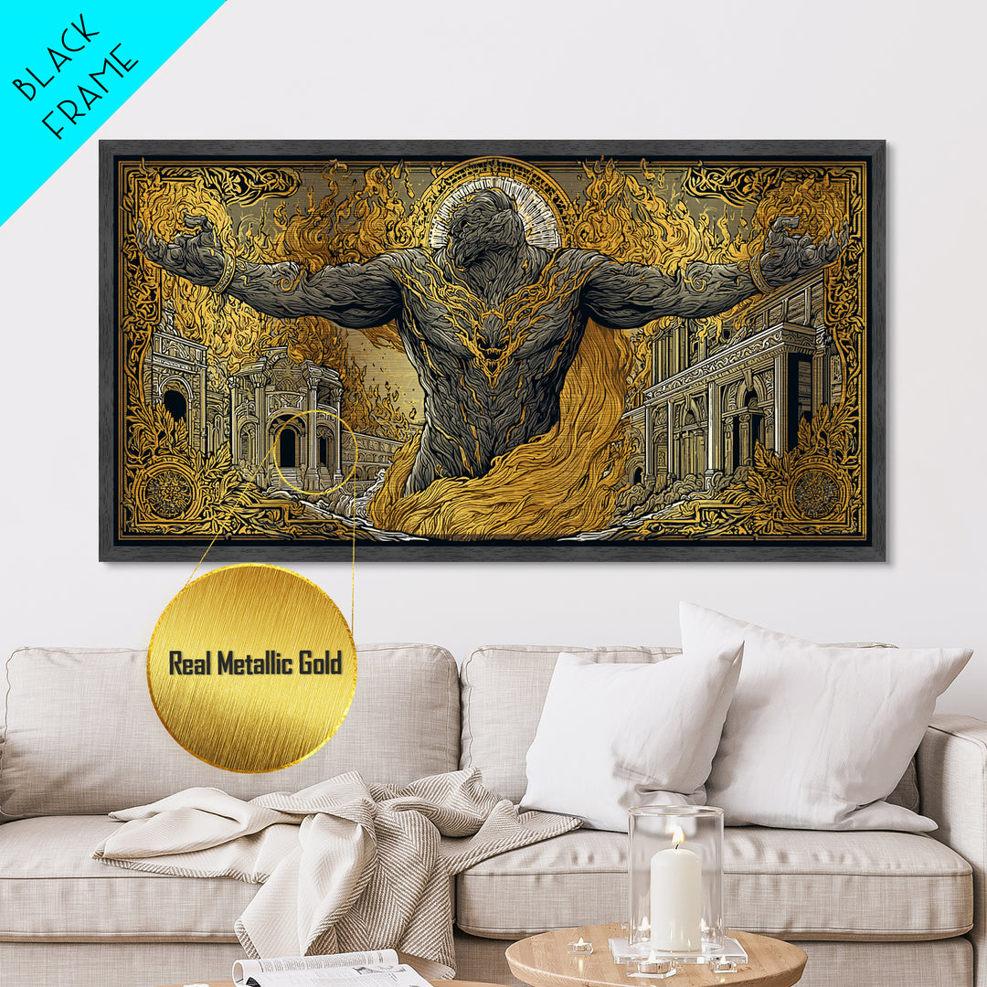 Erebus Metallic Gold Metal Print, Mythical God Artwork, Ancient Greek Wall Art, Real Wood Frame, Luxury Metal Home Decor, Gothic Style