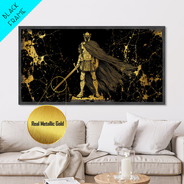 Flavius Metallic Gold Metal Print, Roman Warrior Wall Art, Ancient Soldier Decor, Real Wood Frame, Luxury Metal Artwork For Office