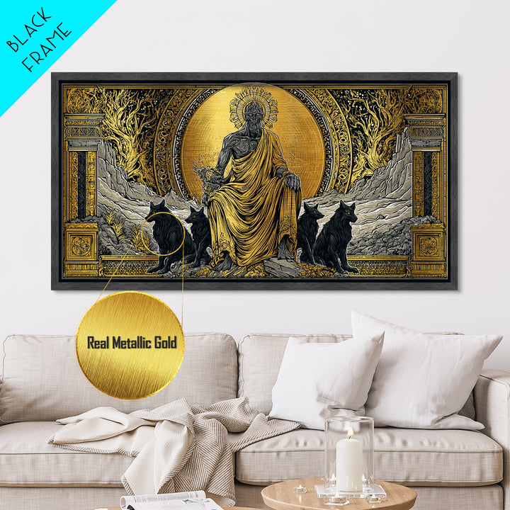 Hades Metallic Gold Metal Print, Greek God Of Underworld Wall Art, Cerberus Mythology Decor, Real Wood Frame, Luxury Metal Wall Hanging