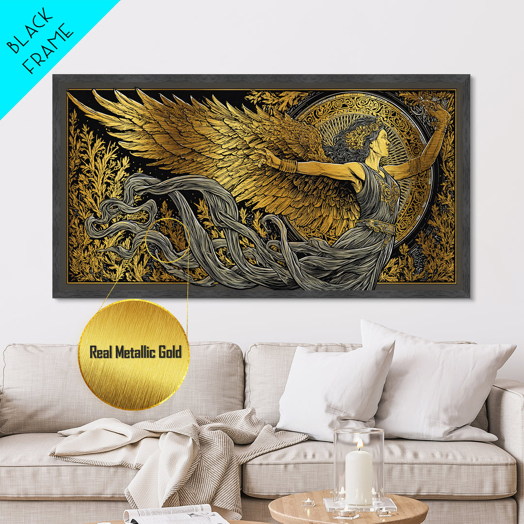Nike Metallic Gold Metal Print, Greek Goddess Wall Art, Luxury Mythology Decor, Real Wood Frame Artwork, Elegant Gold Winged Art