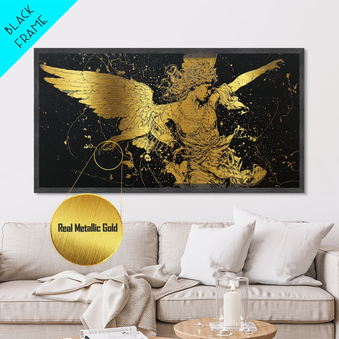 Nike Metallic Gold Art, Greek Goddess Wall Decor, Luxury Mythology Wall Hanging, Real Wood Frame Print, Gold Winged Figure Artwork