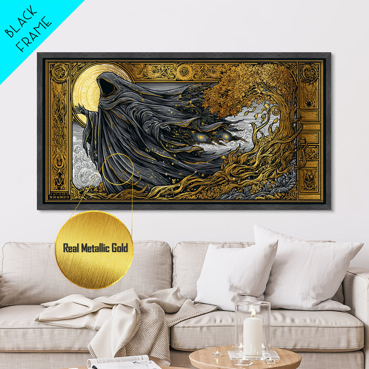 Nyx Metallic Gold Metal Print, Greek Goddess Wall Art, Luxury Mythology Decor, Real Wood Frame Artwork, Elegant Night Goddess Print