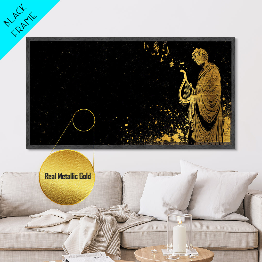 Orpheus Metallic Gold Metal Print, Greek God Wall Art, Luxury Mythology Decor, Real Wood Frame Artwork, Elegant Lyre Musician Artwork