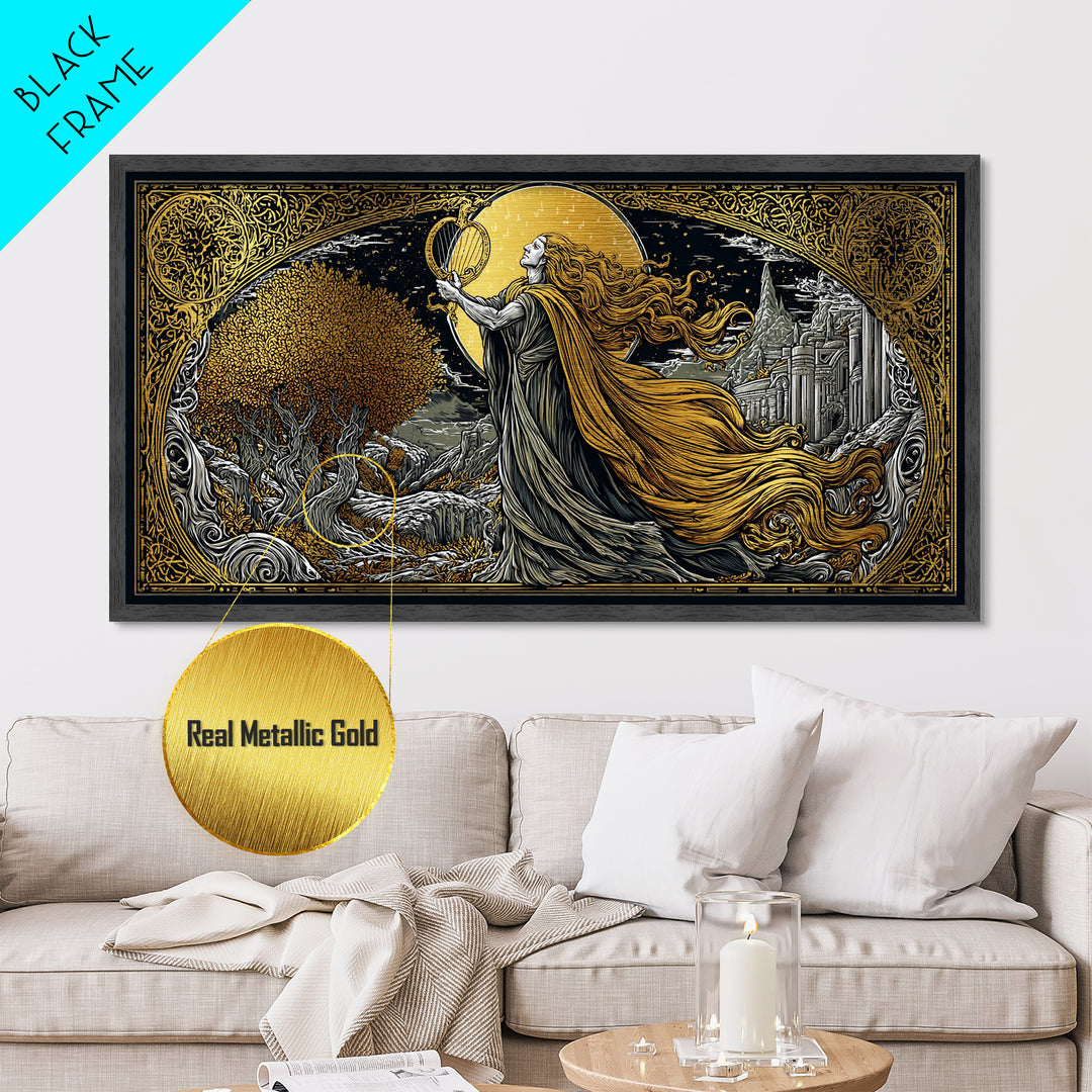 Orpheus Metallic Gold Art, Greek God Wall Decor, Luxury Mythology Wall Hanging, Real Wood Frame Print, Elegant Lyre Musician Wall Art