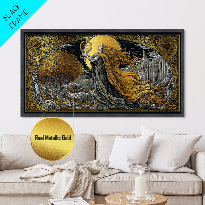 Orpheus Metallic Gold Art, Greek God Wall Decor, Luxury Mythology Wall Hanging, Real Wood Frame Print, Elegant Lyre Musician Wall Art