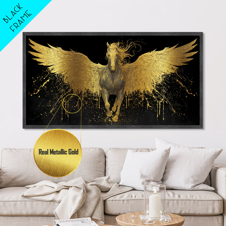 Pegasus Metallic Gold Metal Print, Greek Mythology Wall Art, Luxury Flying Horse Decor, Real Wood Frame Artwork, Elegant Winged Stallion