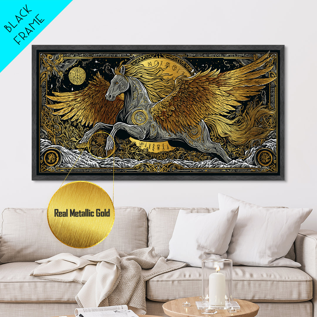 Pegasus Metallic Gold Art, Greek Mythology Wall Decor, Luxury Flying Horse Wall Hanging, Real Wood Frame Print, Elegant Winged Stallion