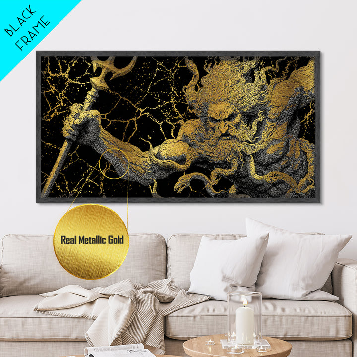 Poseidon Greek God Of The Sea Metallic Gold Metal Print, Mythology Wall Art, Real Wood Frame, Ocean Decor, Nautical Gift
