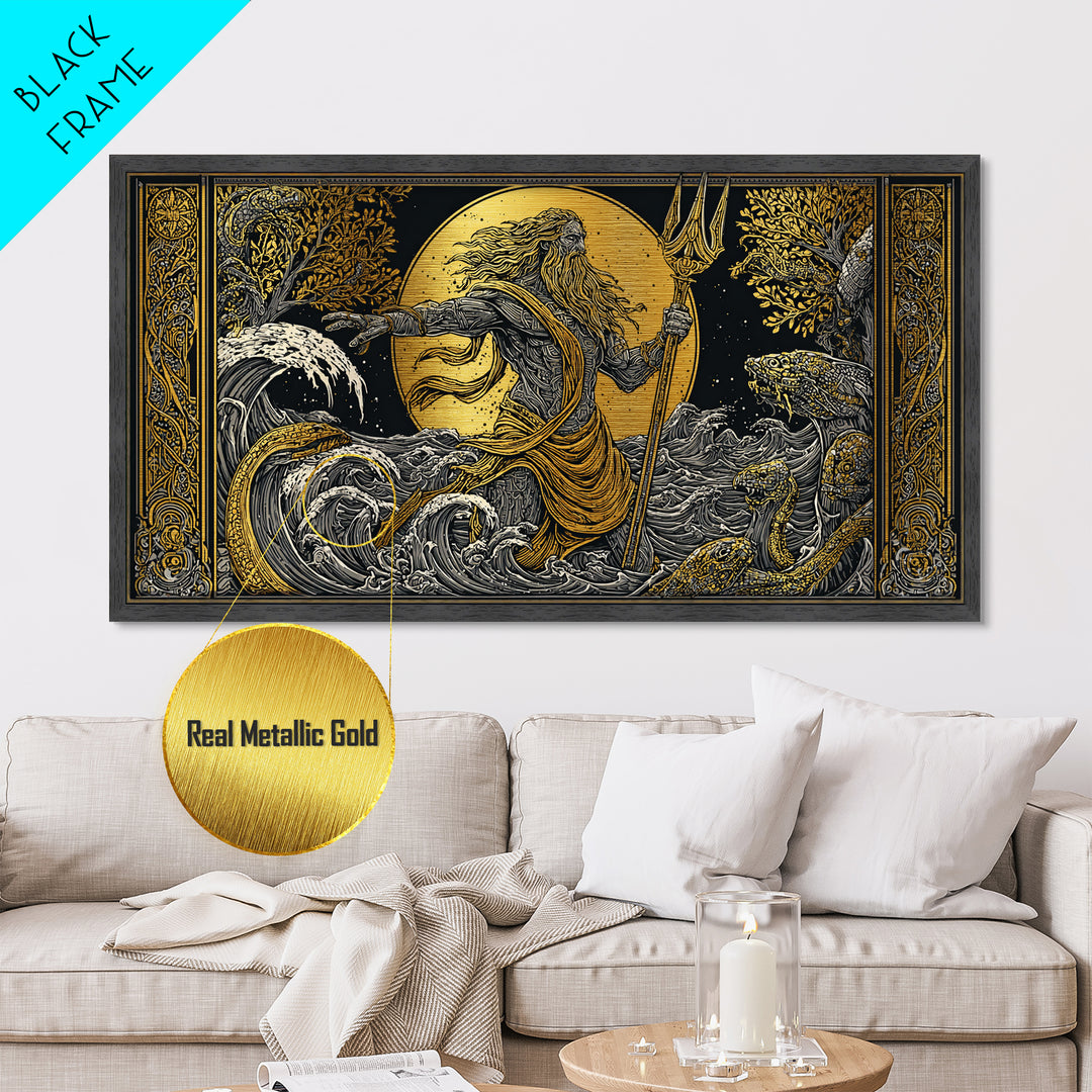 Poseidon Ocean Power Metallic Gold Art, Greek God Metal Print, Sea Mythology Wall Decor, Real Wood Frame, Coastal Gift
