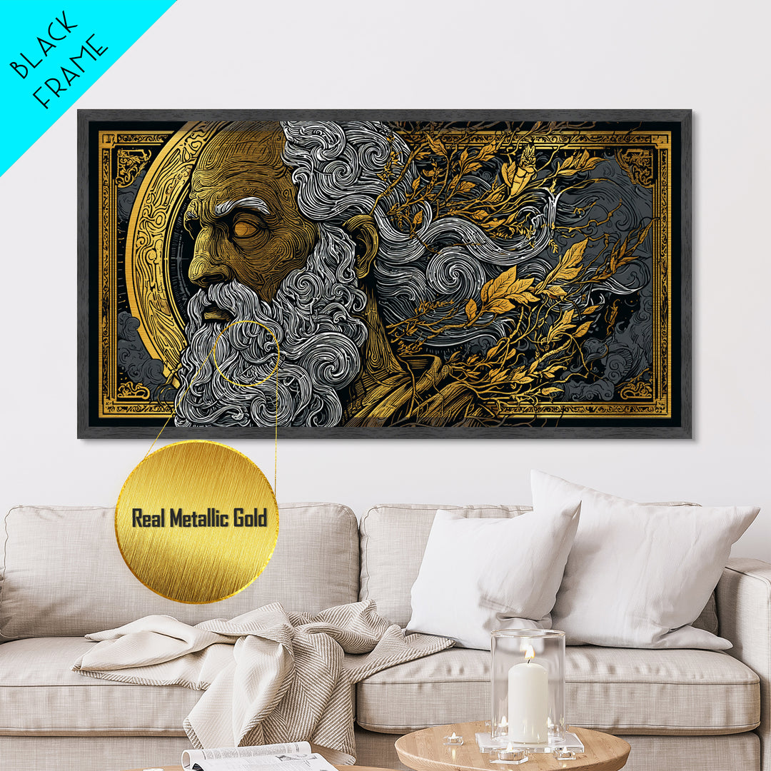 Socrates Metallic Gold Metal Print, Real Wood Framed Greek Philosophy Wall Art, Luxury Mythology Inspired Metal Artwork