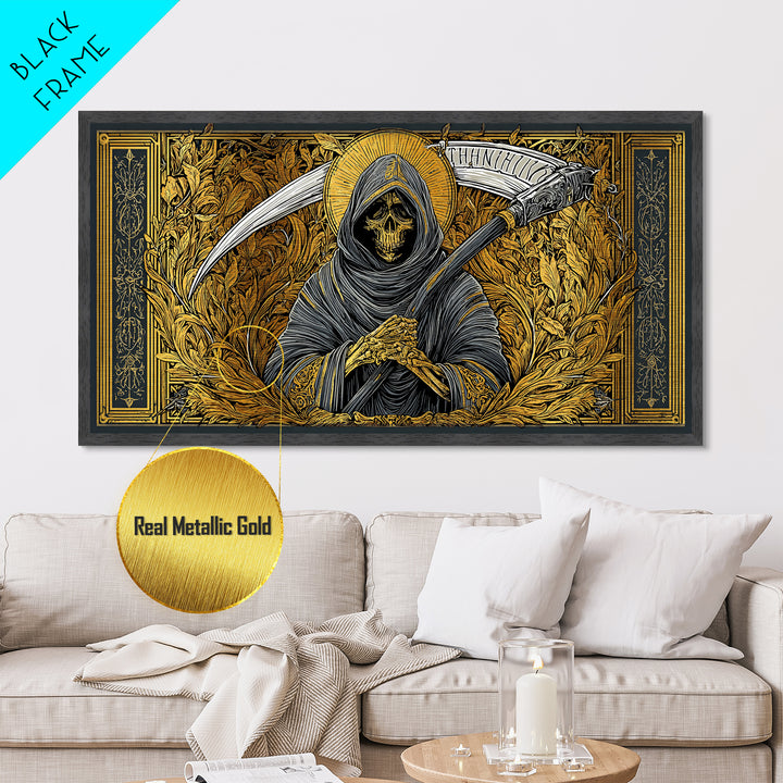 Thanatos Metallic Gold Metal Print, Real Wood Framed Greek Myth Wall Art, Grim Reaper Death Figure Decorative Metal Artwork