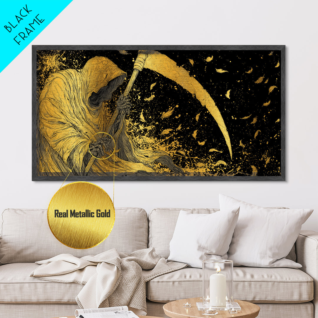 Thanatos Metallic Gold Metal Print, Real Wood Framed Greek Myth Wall Decor, Death Scythe Dark Art Luxury Metal Wall Artwork