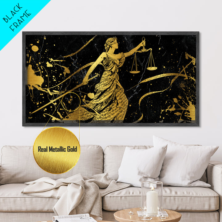 Themis Metallic Gold Metal Print, Real Wood Framed Greek Justice Wall Art, Scales Of Justice Mythology Inspired Metal Artwork