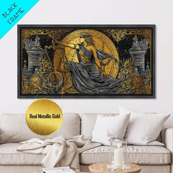 Themis Metallic Gold Metal Print, Real Wood Framed Greek Justice Wall Decor, Blindfolded Lady With Scales Metal Wall Artwork