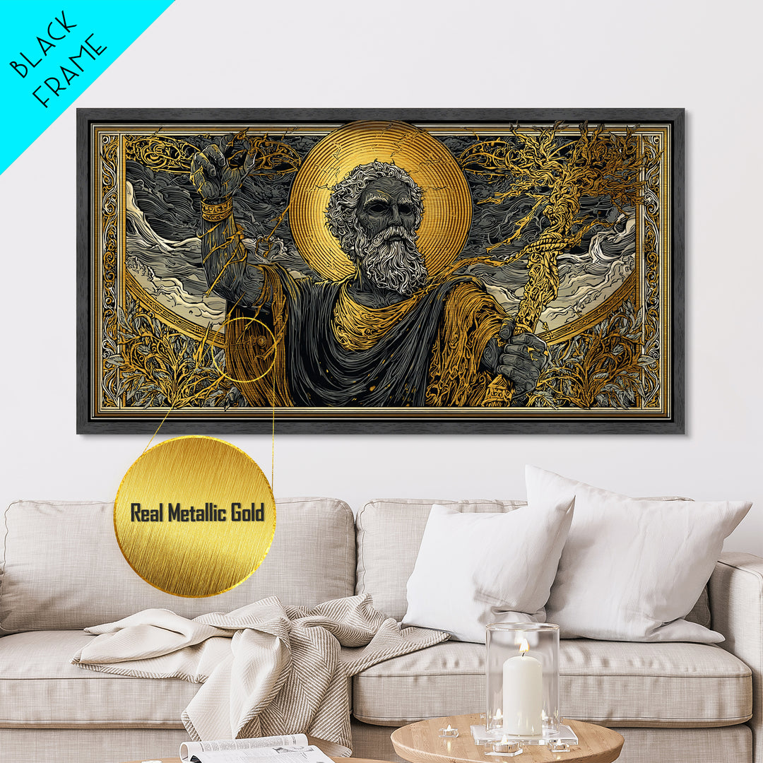 Zeus Metallic Gold Metal Print, Real Wood Framed Greek God Of Thunder Wall Art, Lightning Bolt Mythology Decorative Metal Artwork