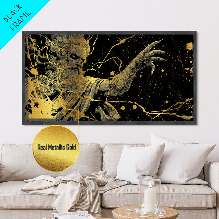 Zeus Metallic Gold Metal Print, Real Wood Framed Greek Myth Wall Art, Lightning And Storm Luxury Decorative Metal Artwork