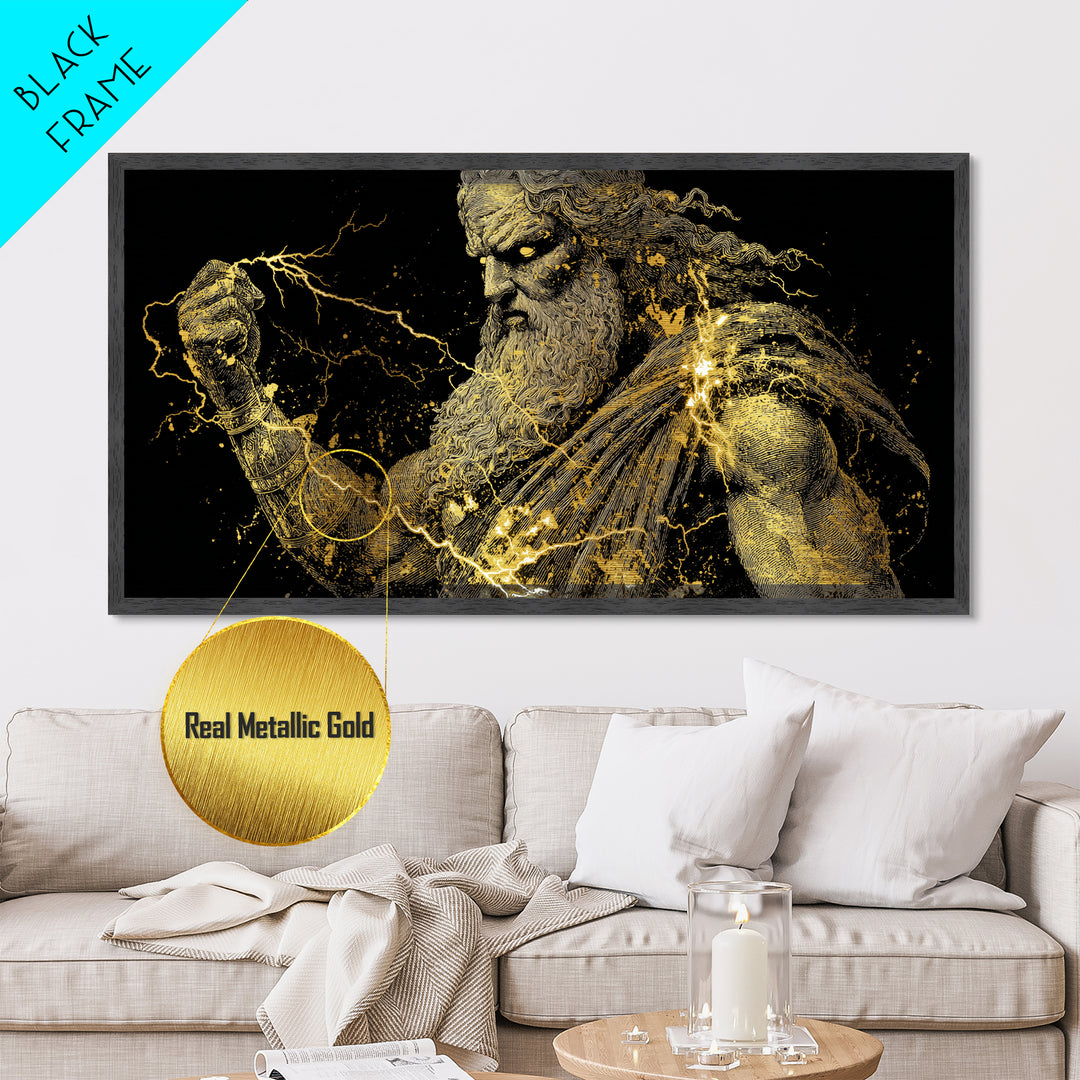 Zeus Metallic Gold Metal Print, Real Wood Framed Greek Mythology Wall Art, Crowned Figure With Flowing Hair Decorative Artwork