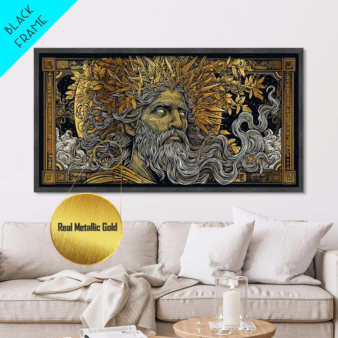 Zeus Metallic Gold Metal Print, Real Wood Framed Greek Mythology Wall Decor, Bearded Figure With Lightning Bolt Metal Artwork