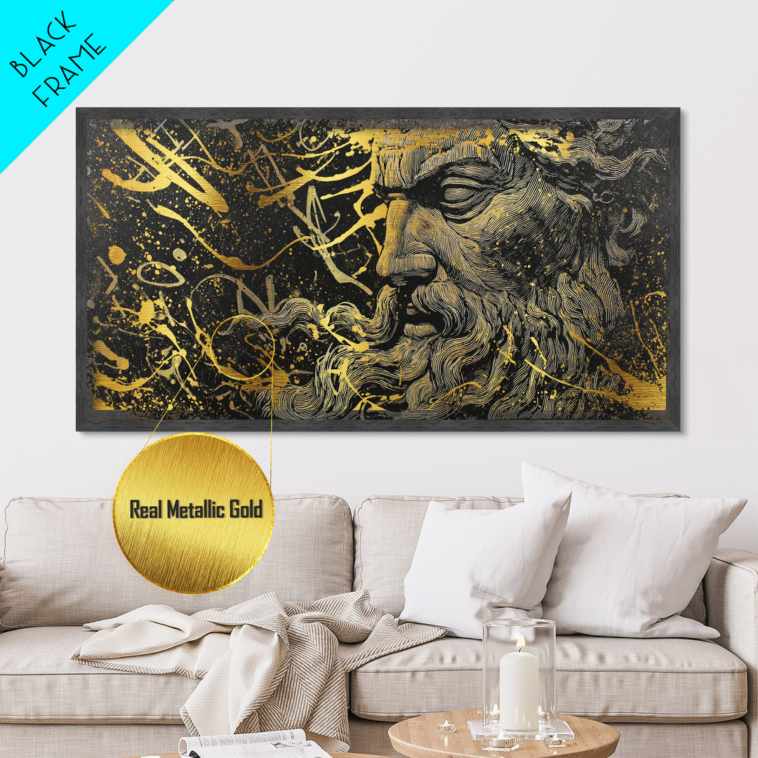 Zeus Metallic Gold Metal Print, Real Wood Framed Greek God Wall Art, Mythological Bearded Portrait Luxury Decorative Artwork