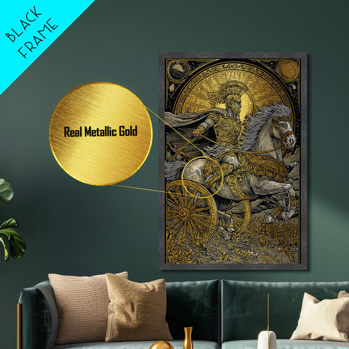 Roman Chariot Warrior with Celestial Disc – Metallic Gold Art Print, Classical Battle Scene Metal Art, Ancient Rome Wall Decor