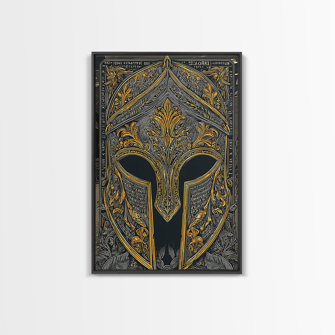 Floral Spartan Helmet with Ancient Text – Canvas Gold Art, Greco-Roman Canvas Art Print, Historical Warrior Wall Piece