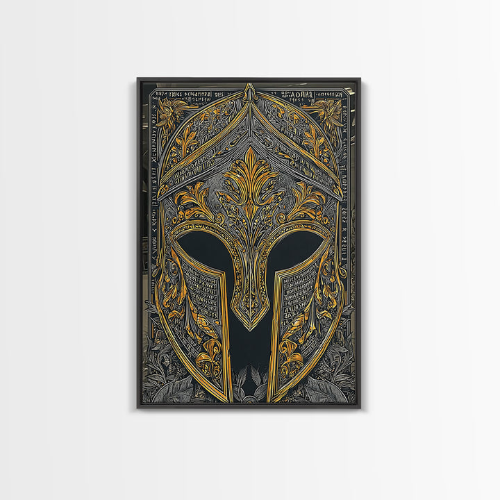 Floral Spartan Helmet with Ancient Text – Canvas Gold Art, Greco-Roman Canvas Art Print, Historical Warrior Wall Piece