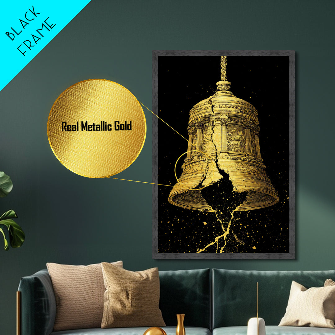 Golden Cracked Bell – Metallic Gold Metal Print – Ancient Greek Inspired Wall Art with Real Wood Frame for Classical Decor