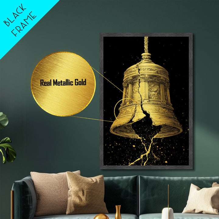 Golden Cracked Bell – Metallic Gold Metal Print – Ancient Greek Inspired Wall Art with Real Wood Frame for Classical Decor