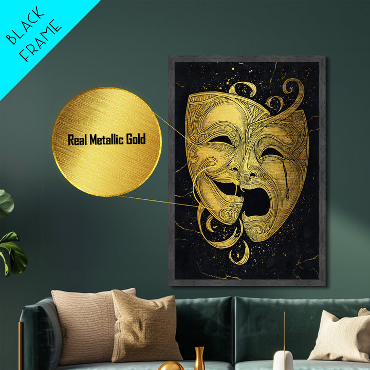 Comedy and Tragedy Theater Masks Metallic Gold Metal Print – Dramatic Wall Art with Real Wood Frame for Home or Studio