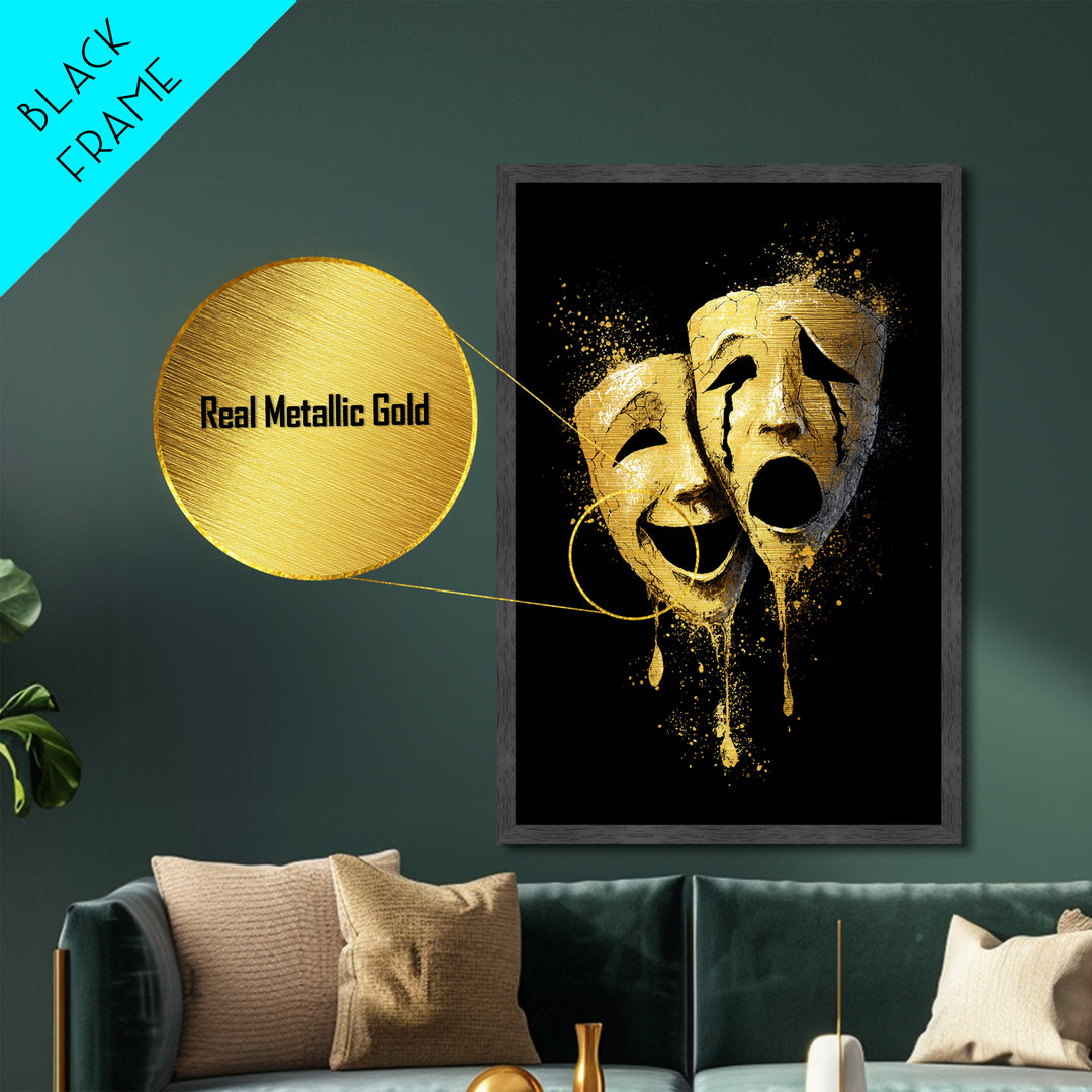 Melting Comedy and Tragedy Masks Metallic Gold Metal Print – Emotional Theater Wall Art with Real Wood Frame