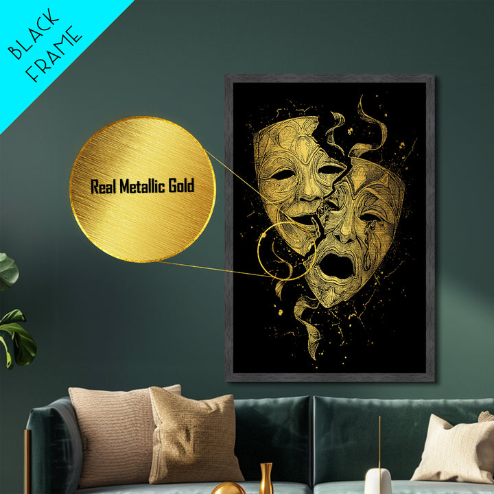Broken Comedy and Tragedy Masks Metallic Gold Metal Print – Dramatic Greek Theater Wall Art with Real Wood Frame