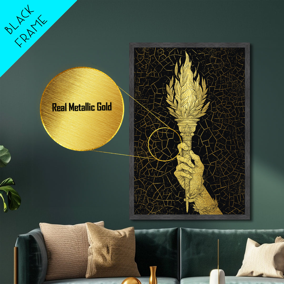 Olympic Flame Hand Holding Torch Metallic Gold Metal Print – Classical Greek Inspired Wall Art with Real Wood Frame