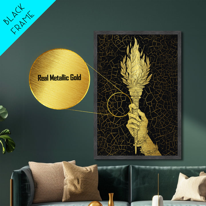 Olympic Flame Hand Holding Torch Metallic Gold Metal Print – Classical Greek Inspired Wall Art with Real Wood Frame