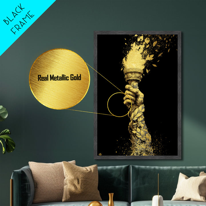 Flaming Laurel Torch Metallic Gold Metal Print – Ancient Greek Victory Symbol Wall Art with Real Wood Frame