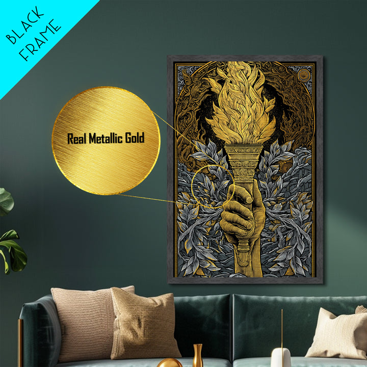 Mythic Laurel Torch Metallic Gold Metal Print – Intricate Greek Style Wall Art with Real Wood Frame