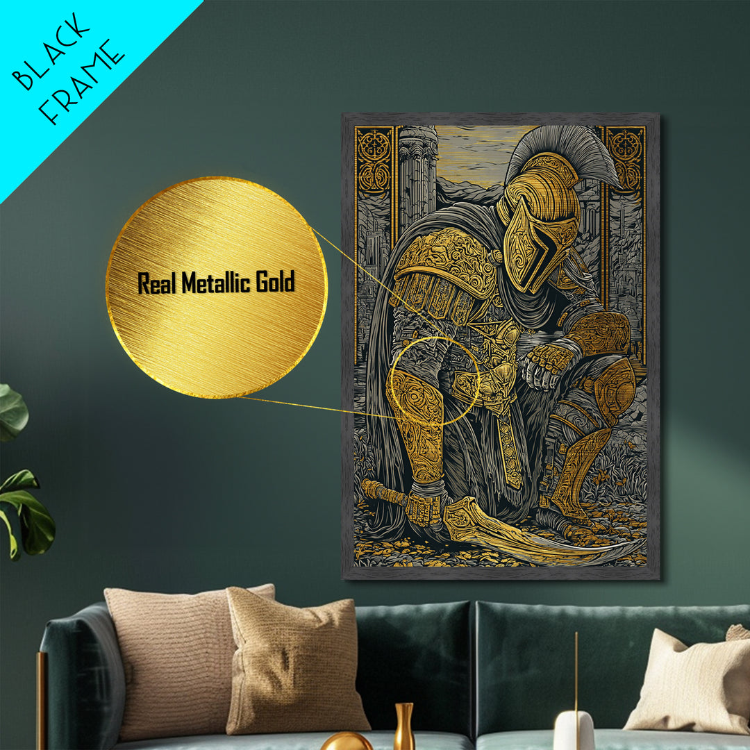 Kneeling Spartan Warrior Metallic Gold Metal Print – Ancient Greek Hoplite Wall Art with Real Wood Frame