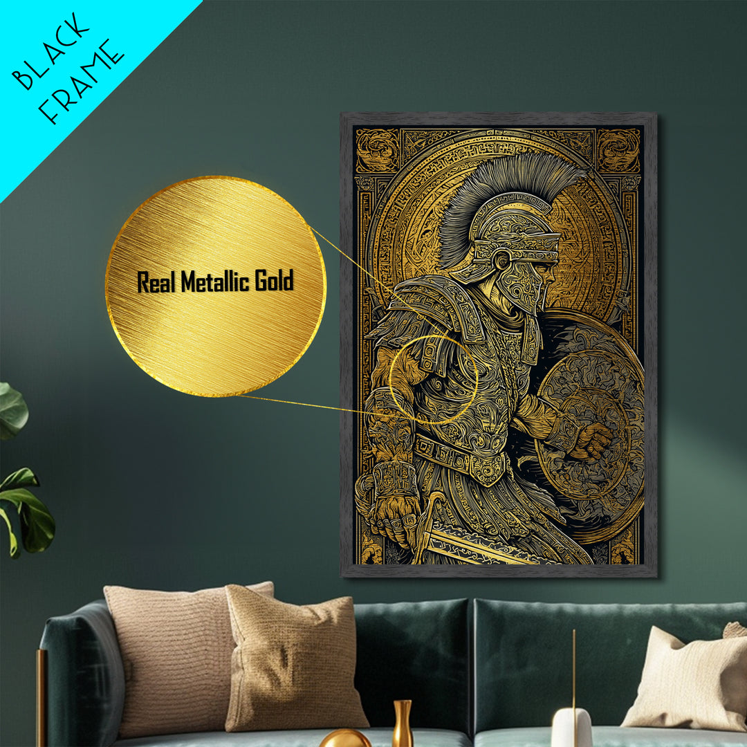Charging Spartan Warrior Metallic Gold Metal Print – Ancient Greek Hoplite Wall Art with Real Wood Frame