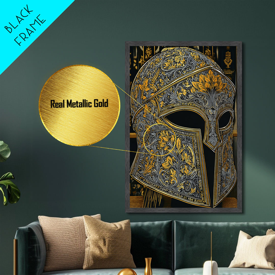 Floral Spartan Helmet with Golden Leaf Engraving – Metallic Gold Art, Real Wood Framed Metal Art, Classic Warrior Helmet Wall Decor