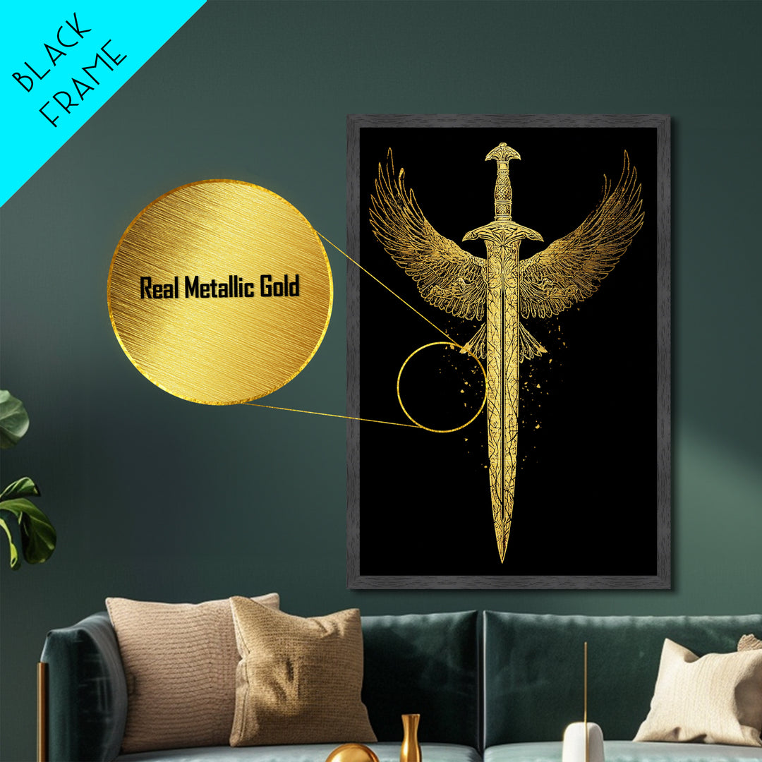 Winged Sword Metallic Gold Metal Print – Mythical Fantasy Weapon Wall Art with Real Wood Frame for Home Decor