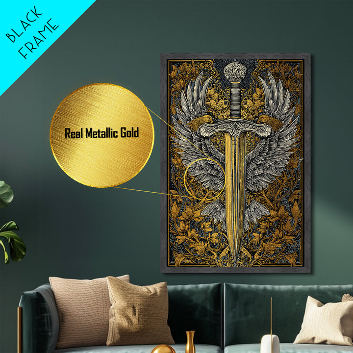 Winged Sword Metallic Gold Metal Print – Intricate Medieval Blade with Angel Wings Design, Real Wood Frame Wall Art