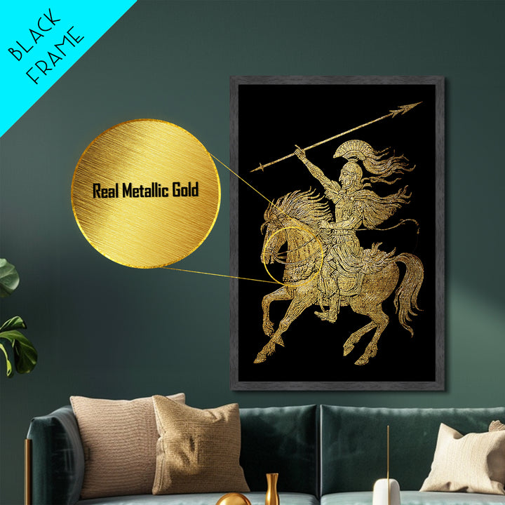 Ancient Warrior on Horseback Metallic Gold Metal Print – Greek Mythology Spear Rider, Real Wood Frame Classical Wall Art