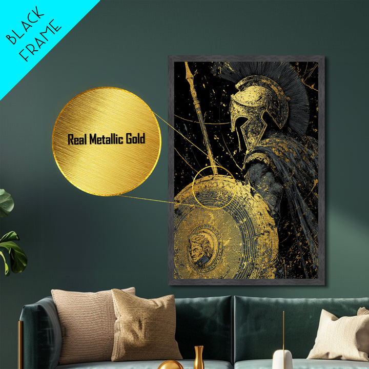 Greek Hoplite Warrior Metallic Gold Art – Spartan Spear and Shield Design, Real Wood Frame Classical Battle Scene Wall Décor