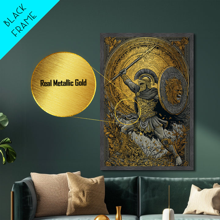 Heroic Spartan Warrior Metallic Gold Metal Print – Lion Shield and Spear Combat Scene, Real Wood Frame Greek Mythology Art