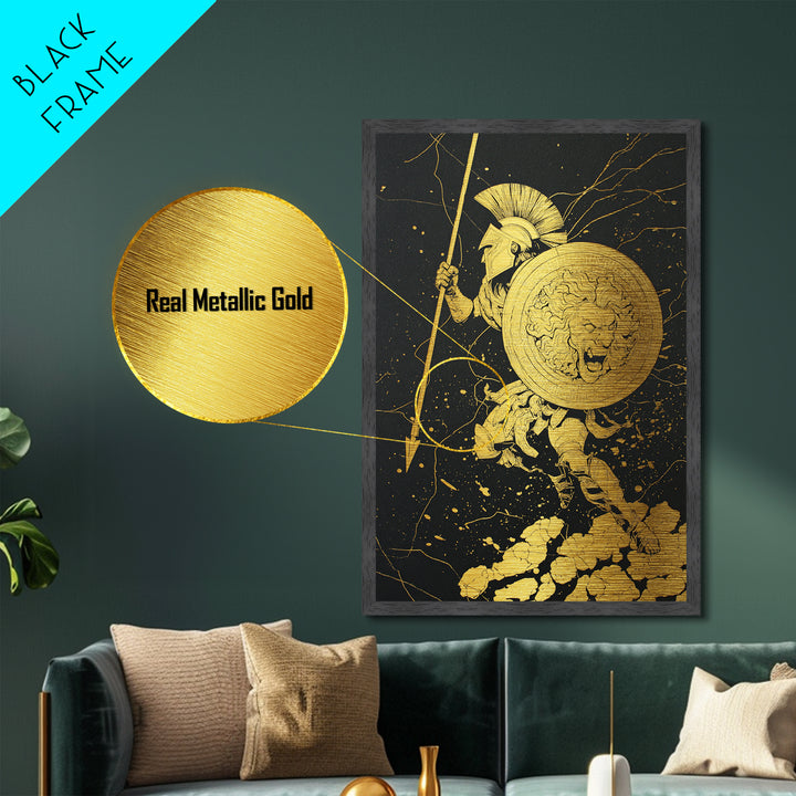 Charging Hoplite Warrior Metallic Gold Art – Greek Spear and Lion Shield Battle Pose, Real Wood Frame Ancient Warrior Wall Art