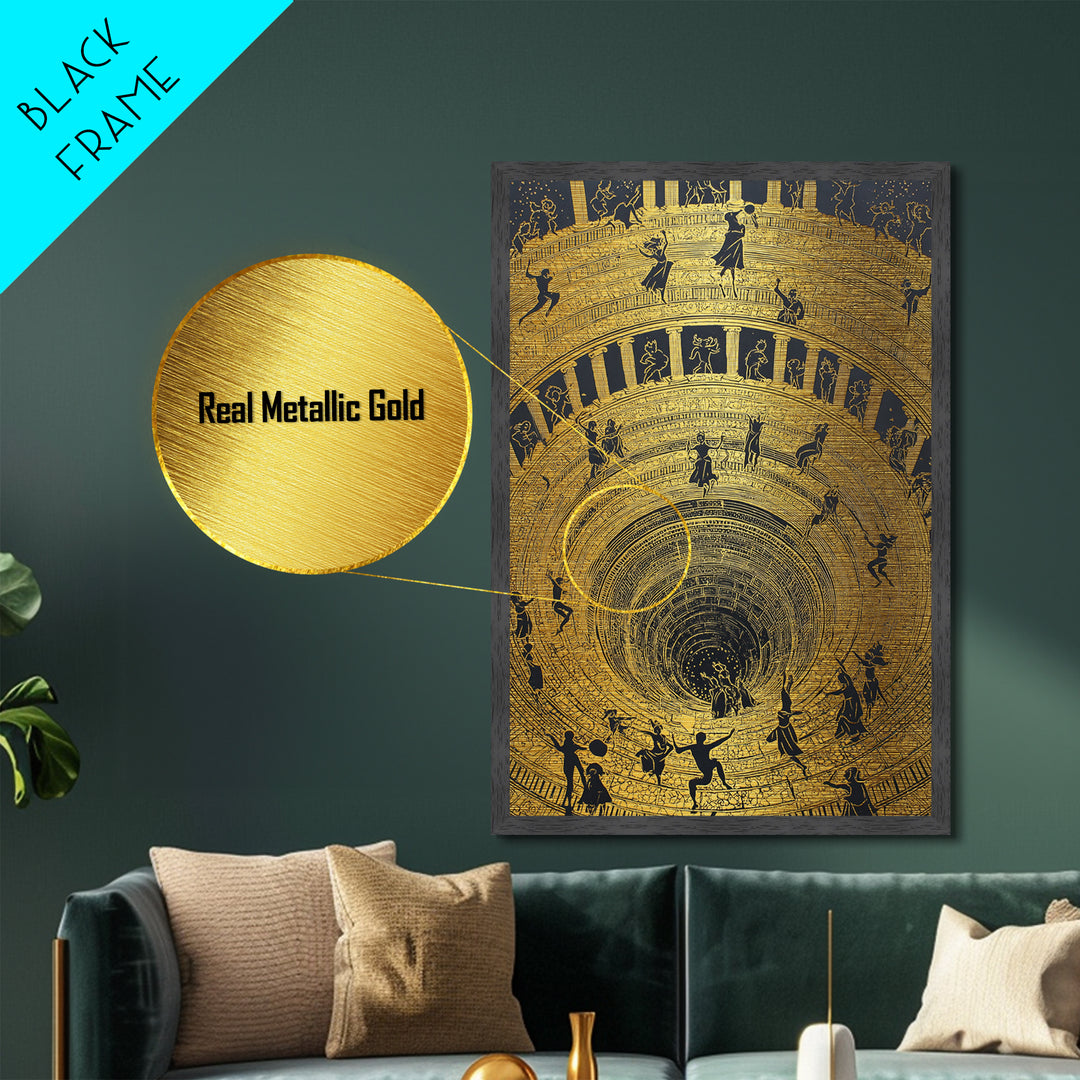 Mythic Underworld Descent Metallic Gold Art – Spiraling Figures in Ancient Pit Design, Real Wood Frame Fantasy Wall Décor