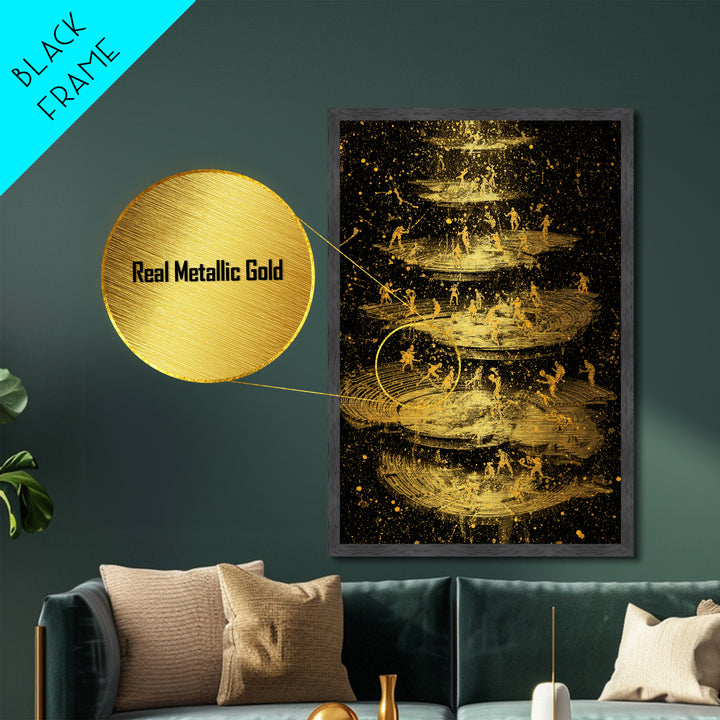 Celestial Battle Layers Metallic Gold Metal Print – Mythological Figures Across Cosmic Rings, Real Wood Frame Fantasy Art