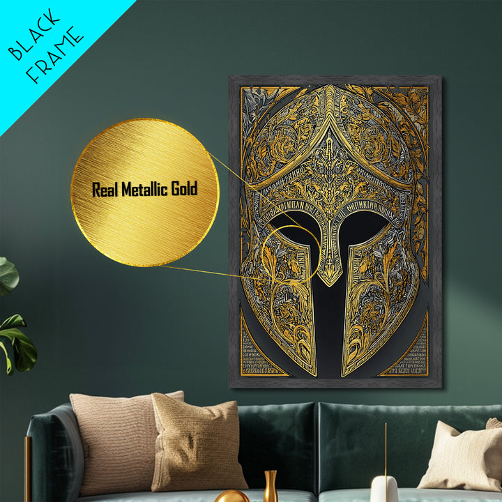 Mythic Greco-Roman Helmet with Ivy and Scrollwork – Metallic Gold Art, Framed Metal Art with Real Wood, Ancient Battle Decor