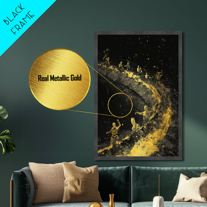 Warriors on Golden Path Metallic Gold Art – Surreal Spiral Battle Scene, Real Wood Frame Mythology Inspired Wall Décor